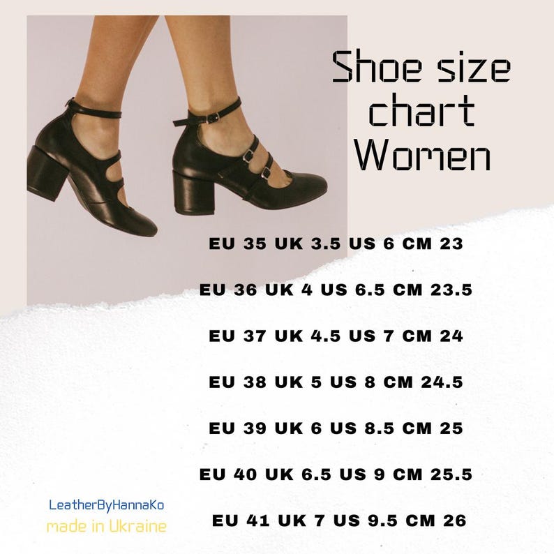 May include: Black leather women's shoes with block heels and ankle straps. The image includes a shoe size chart for women, listing EU, UK, US, and CM sizes. The chart shows sizes from EU 35 (US 6, 23 cm) to EU 41 (US 9.5, 26 cm).