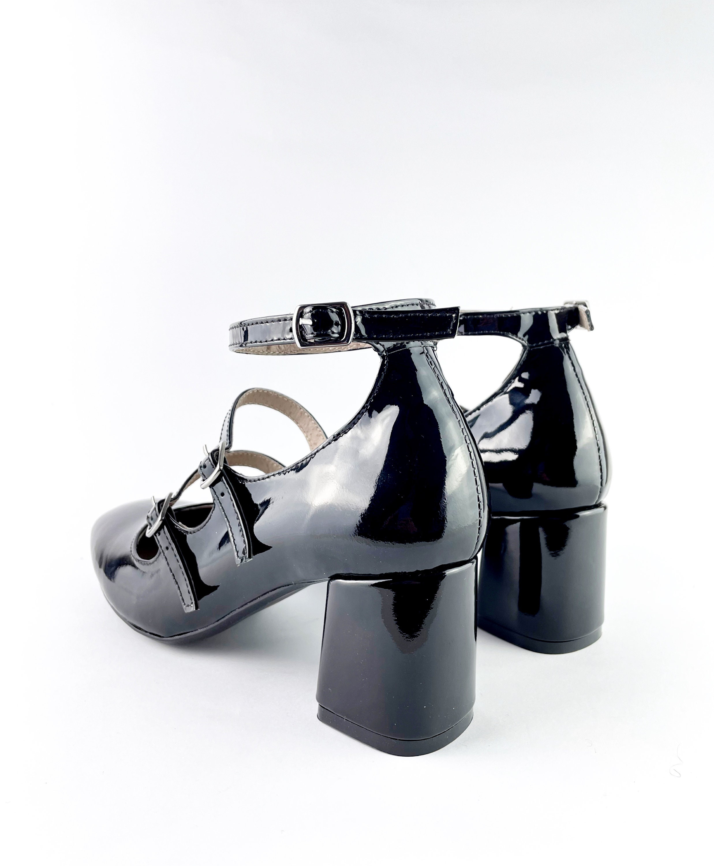 Women Mary Jane Shoe Black Leather Ankle Strap Multi-strap 