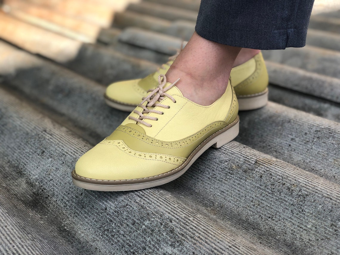 Woman Oxford Flats Yellow Leather Two Tone Oxfords Etsy
