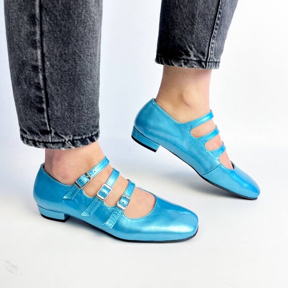 Handmade Baby Blue Patent Triple strap Mary Jane Flats Unique Leather Shoes for Women Etsy