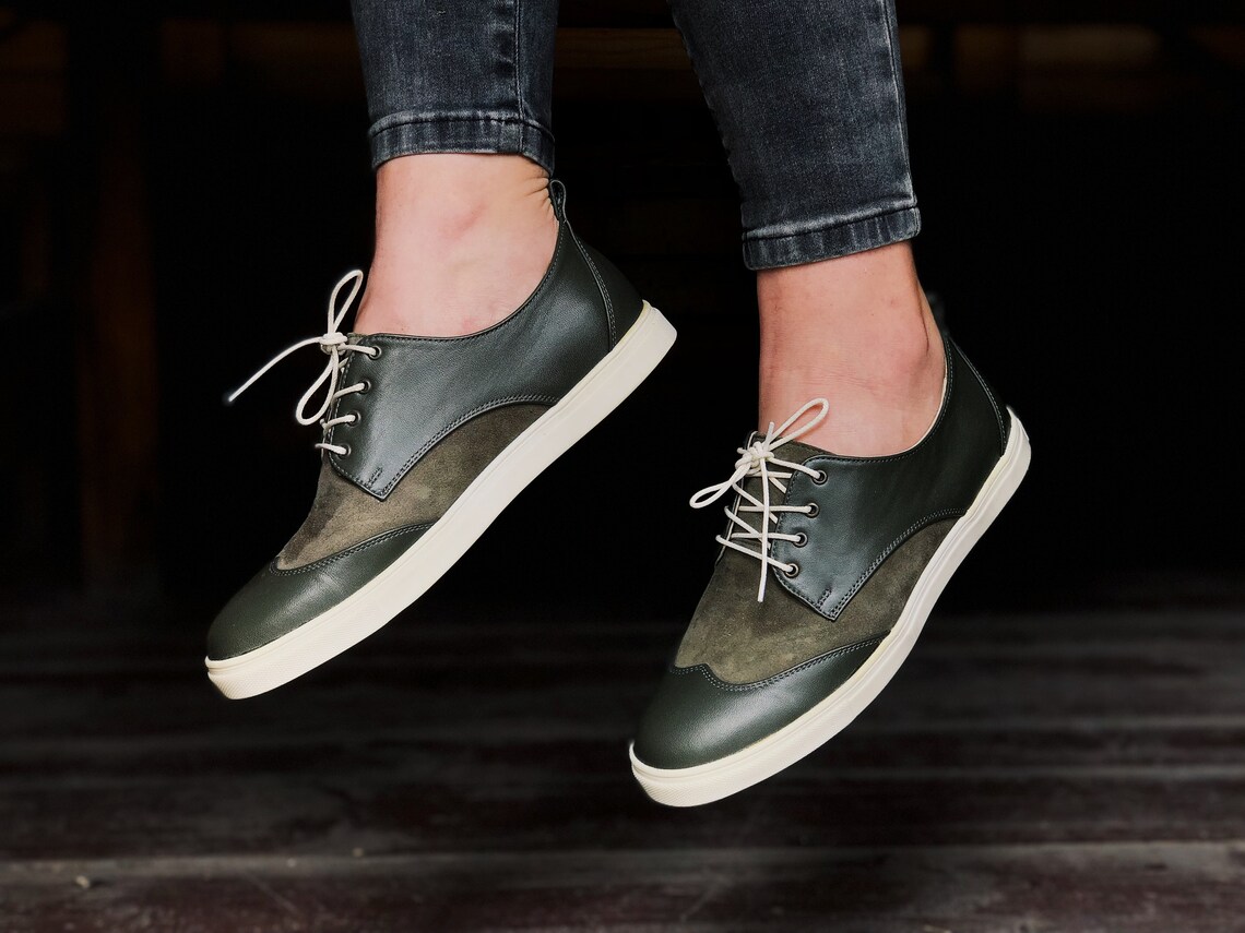 Leather Oxford Shoes Deep Green For Woman Olive Suede Oxfords Etsy