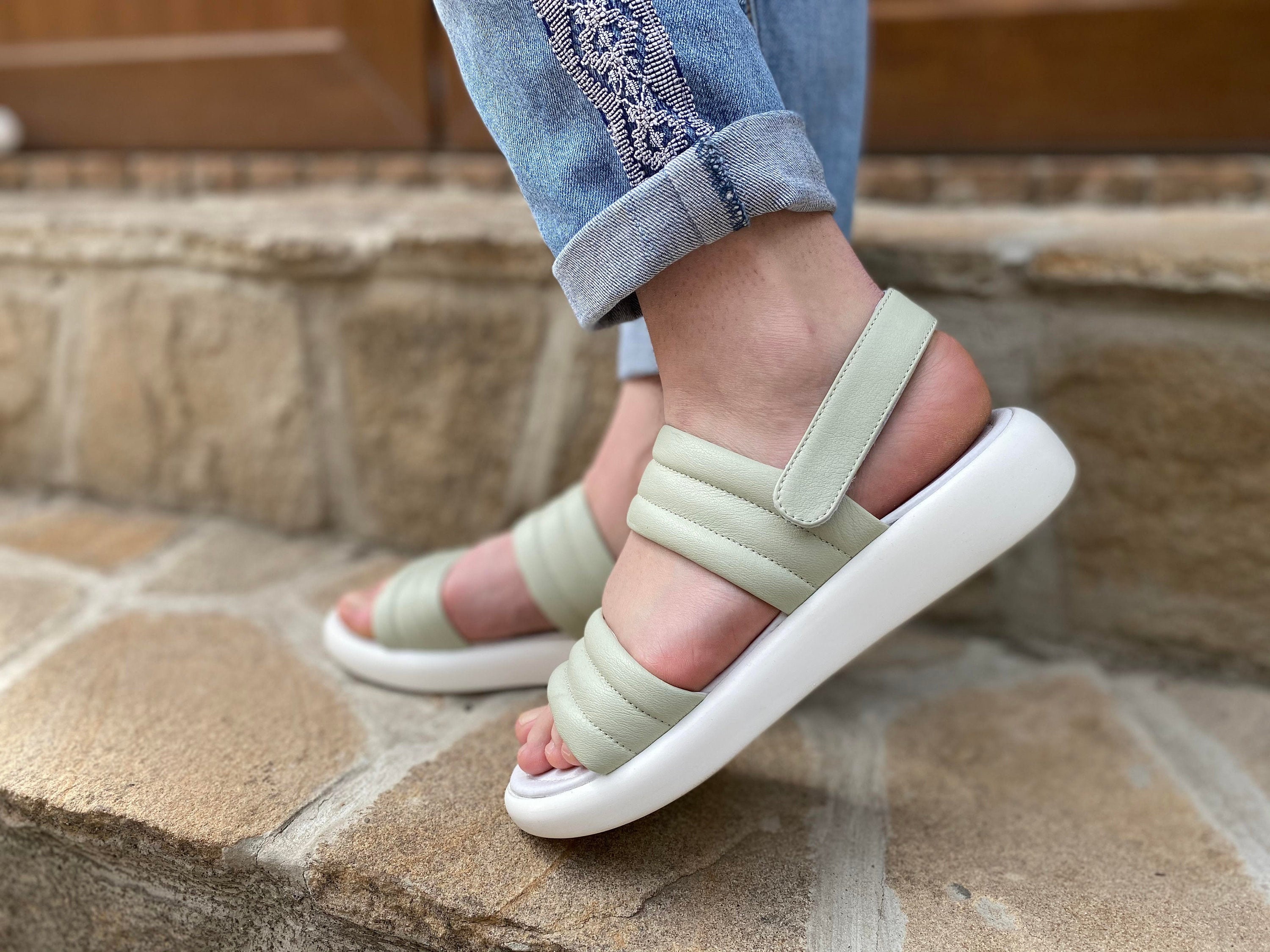 White Slides Sandals On Velcro For Woman Summer Sandals Etsy