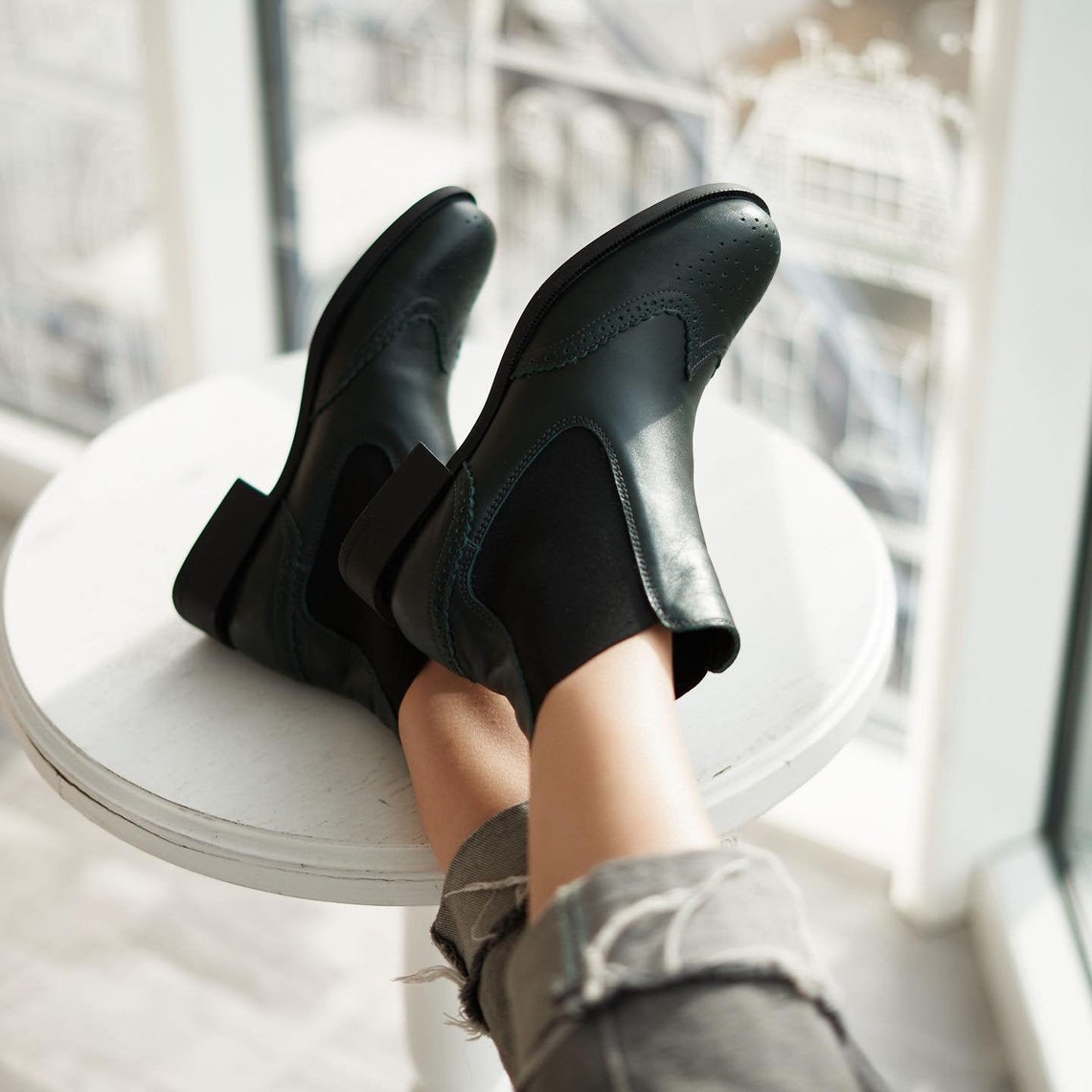 green platform chelsea boots