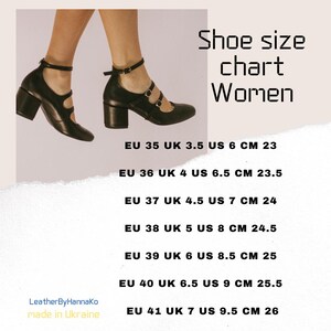 May include: Black leather women's shoes with block heels and ankle straps. The image includes a shoe size chart for women, listing EU, UK, US, and CM sizes. The chart ranges from EU 35 (US 6, 23 cm) to EU 41 (US 9.5, 26 cm).