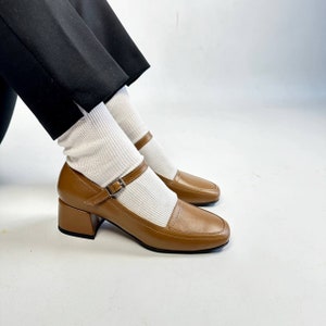 Brown Leather Mary Jane Heels – Vintage Inspired Handmade Shoes – Block Heel Comfort – Custom Size Available