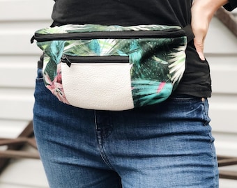 Tropische Textilgrüne Gürteltasche, handgemachte Blumen-Druck-Gürteltasche, Festival-Umhängetasche