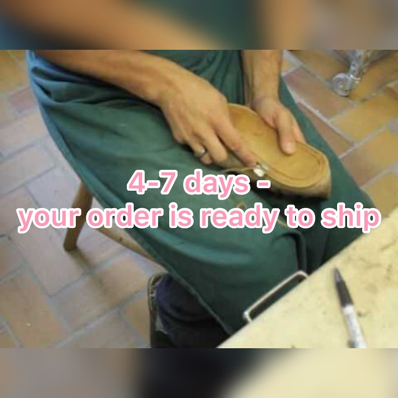 May include: A person holding a light brown leather shoe sole. The text "4-7 days - your order is ready to ship" is overlaid on the image in pink text.