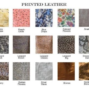 May include: A grid of fifteen printed leather swatches labeled Yellow Drops, Peach Circle, Blue Drops, Colored Flowers, Snake, Leopard Dark, Leopard Brown, Leopard Classic, Leopard Big, Crocodile Dark, Military, Golden Flowers, Silver Wave, Bronze, and Golden Bronze.