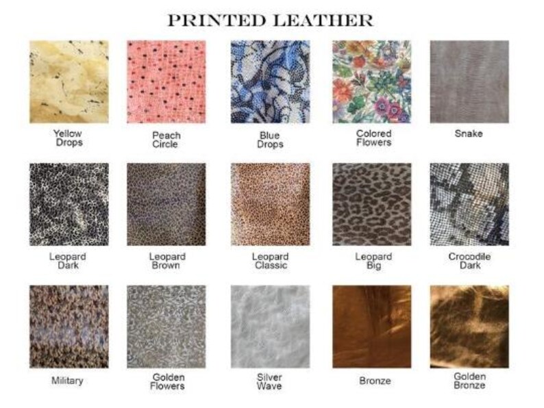 May include: A grid of fifteen printed leather swatches labeled Yellow Drops, Peach Circle, Blue Drops, Colored Flowers, Snake, Leopard Dark, Leopard Brown, Leopard Classic, Leopard Big, Crocodile Dark, Military, Golden Flowers, Silver Wave, Bronze, and Golden Bronze.