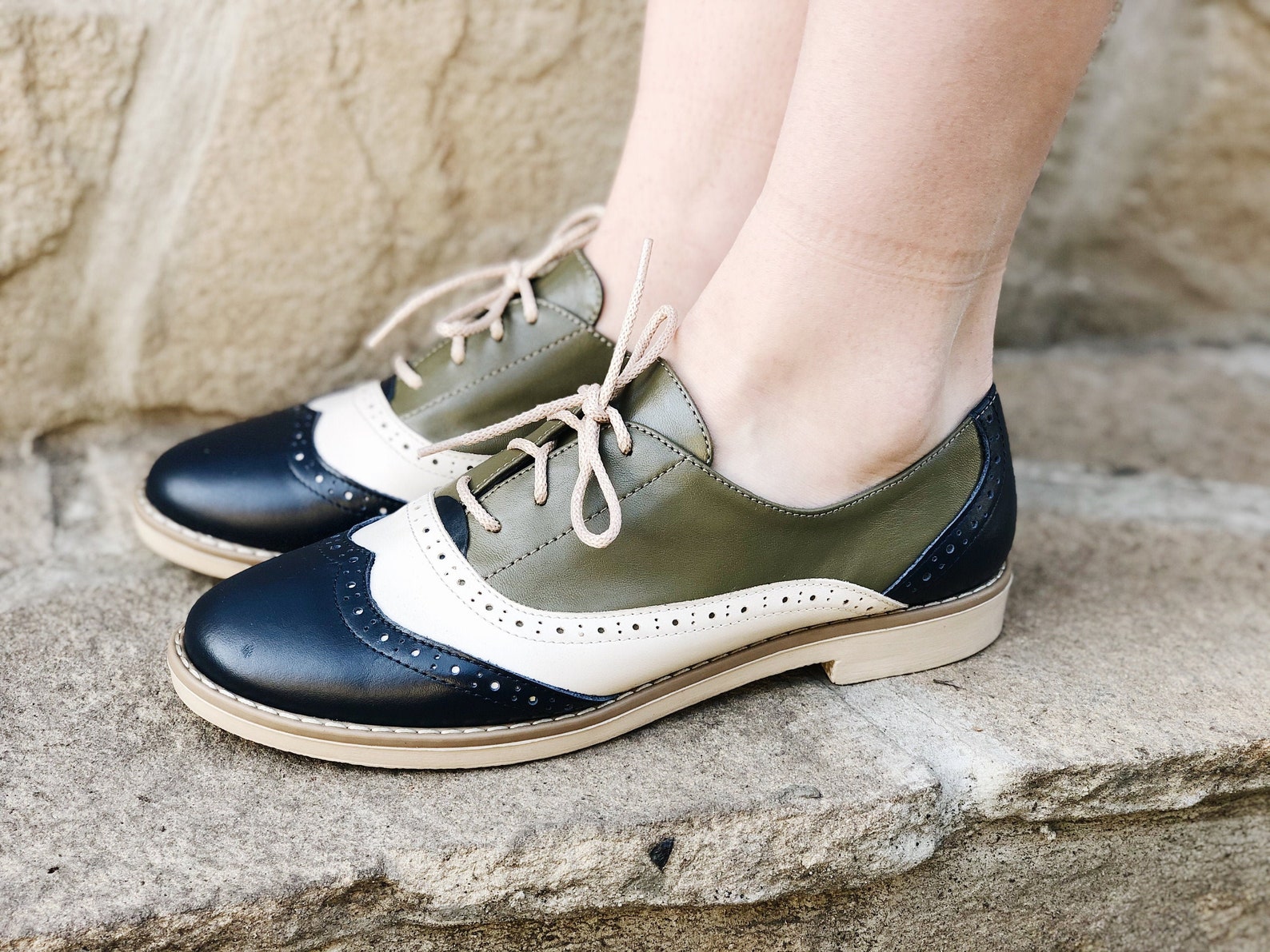 Oxford Shoes Women Perforated Green Leather Lace up Oxford Etsy