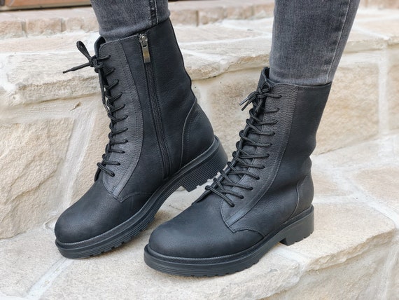 black leather combat boots womens