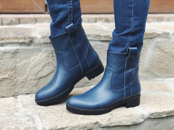flat blue ankle boots