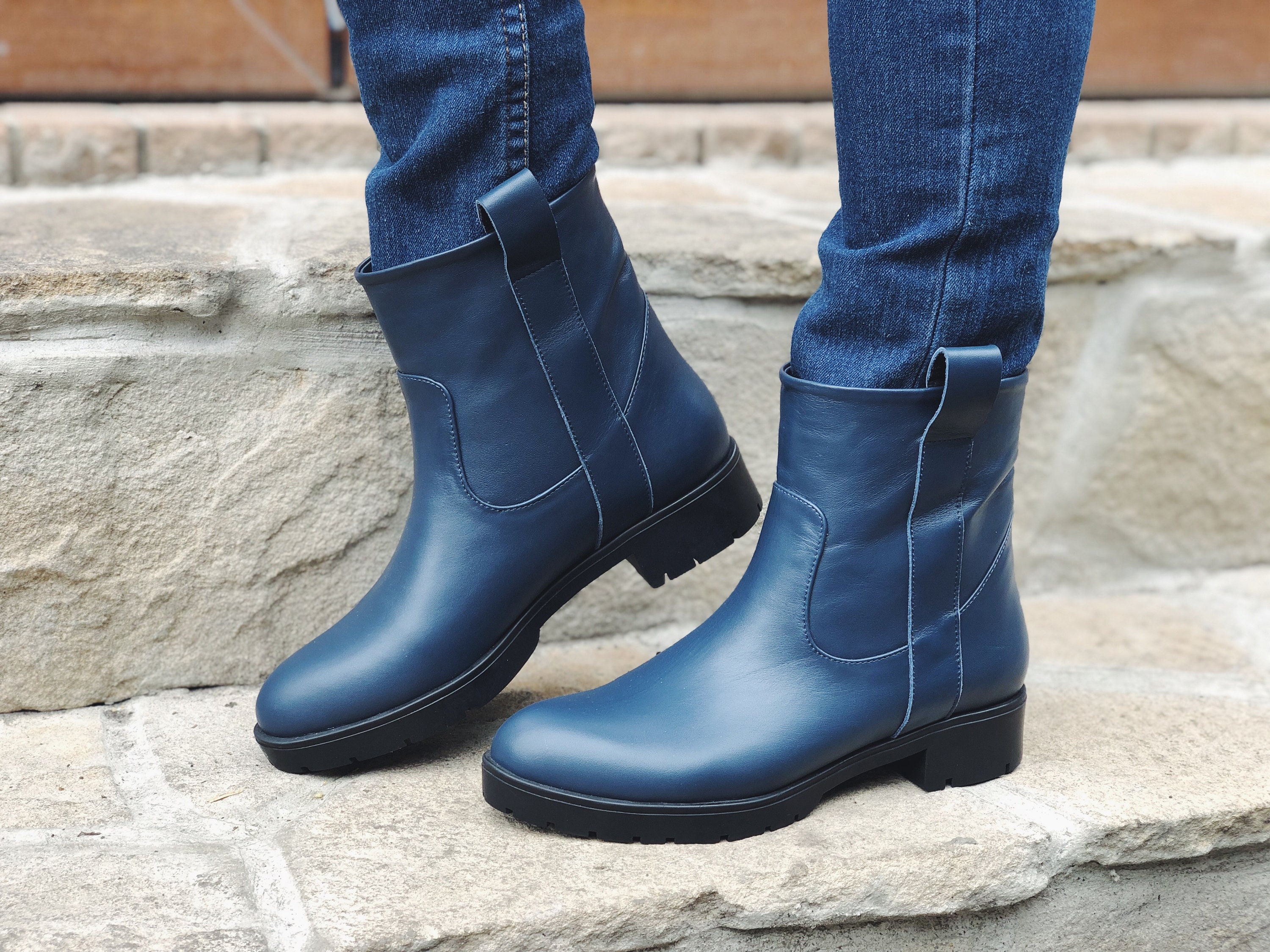 Deep Blue Leather Ankle Chelsea Boots Woman Leather Custom Etsy