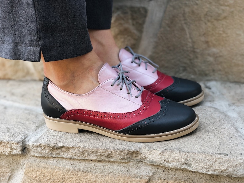 Leather Oxford Shoes Three Tone Pink Woman Oxfords Gray Soft Etsy