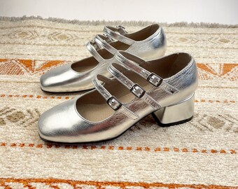 Silver Leather Mary Jane Block Heeled Pumps With Three Straps Custom Made