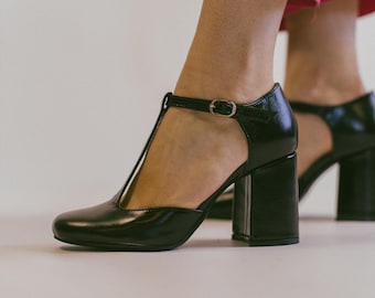 Black T-Strap Mary Jane Heels, Block Heel Leather Pumps, Handmade Women's Shoes