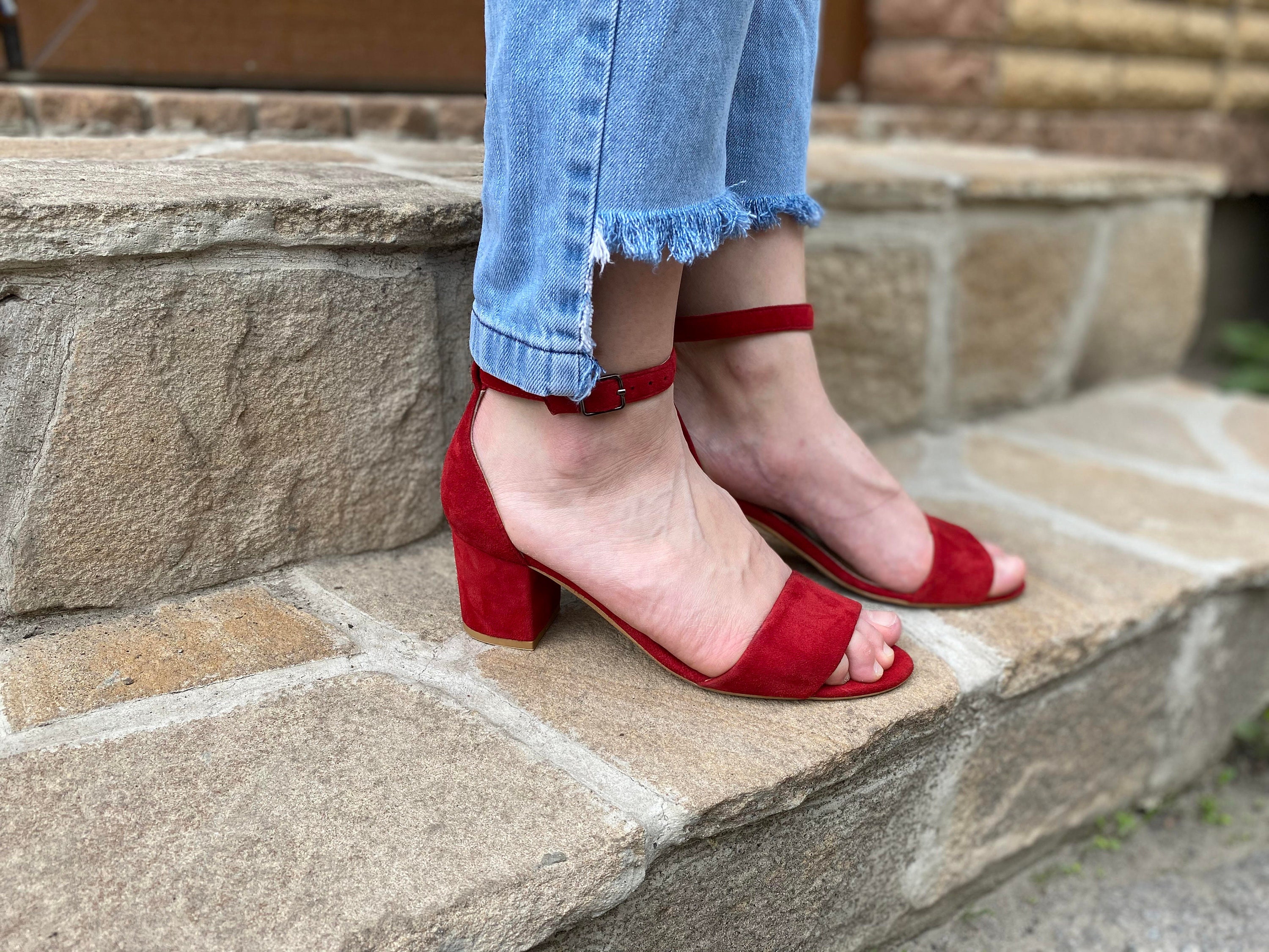 Sandals Heels Red Suede Summer Sandals For Woman Leather | Etsy