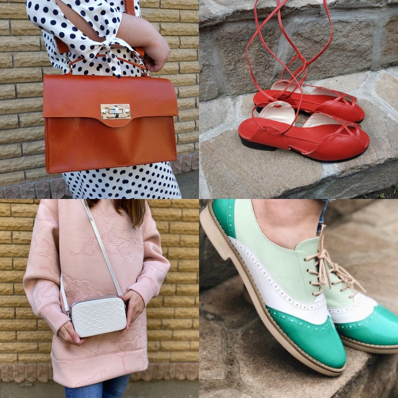 May include: A collage of four fashion items. A brown leather satchel with a silver clasp. Red strappy sandals. A white, textured crossbody bag. Two-tone green, white, and beige leather oxford shoes with laces.
