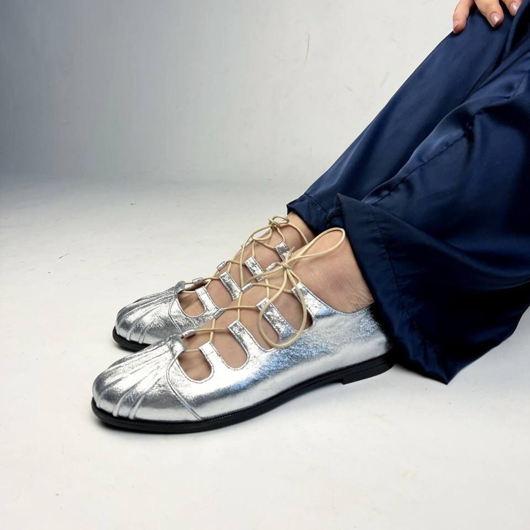 Silver Metallic Gladiator Ballet Flats – Handmade Lace-up