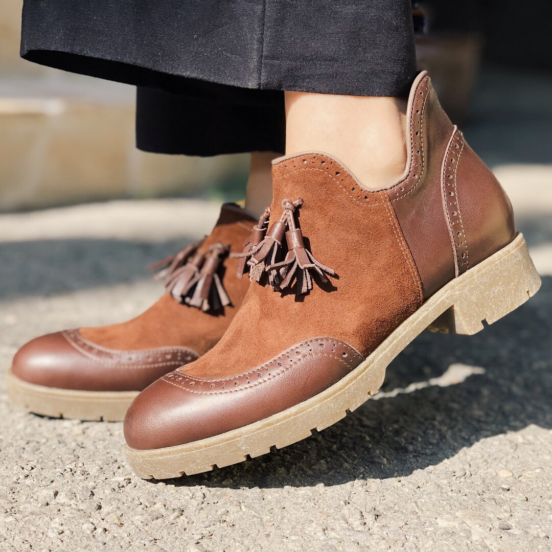 Women Oxford Boots Brown Perforated Leather, Short Brogues Fall Boots