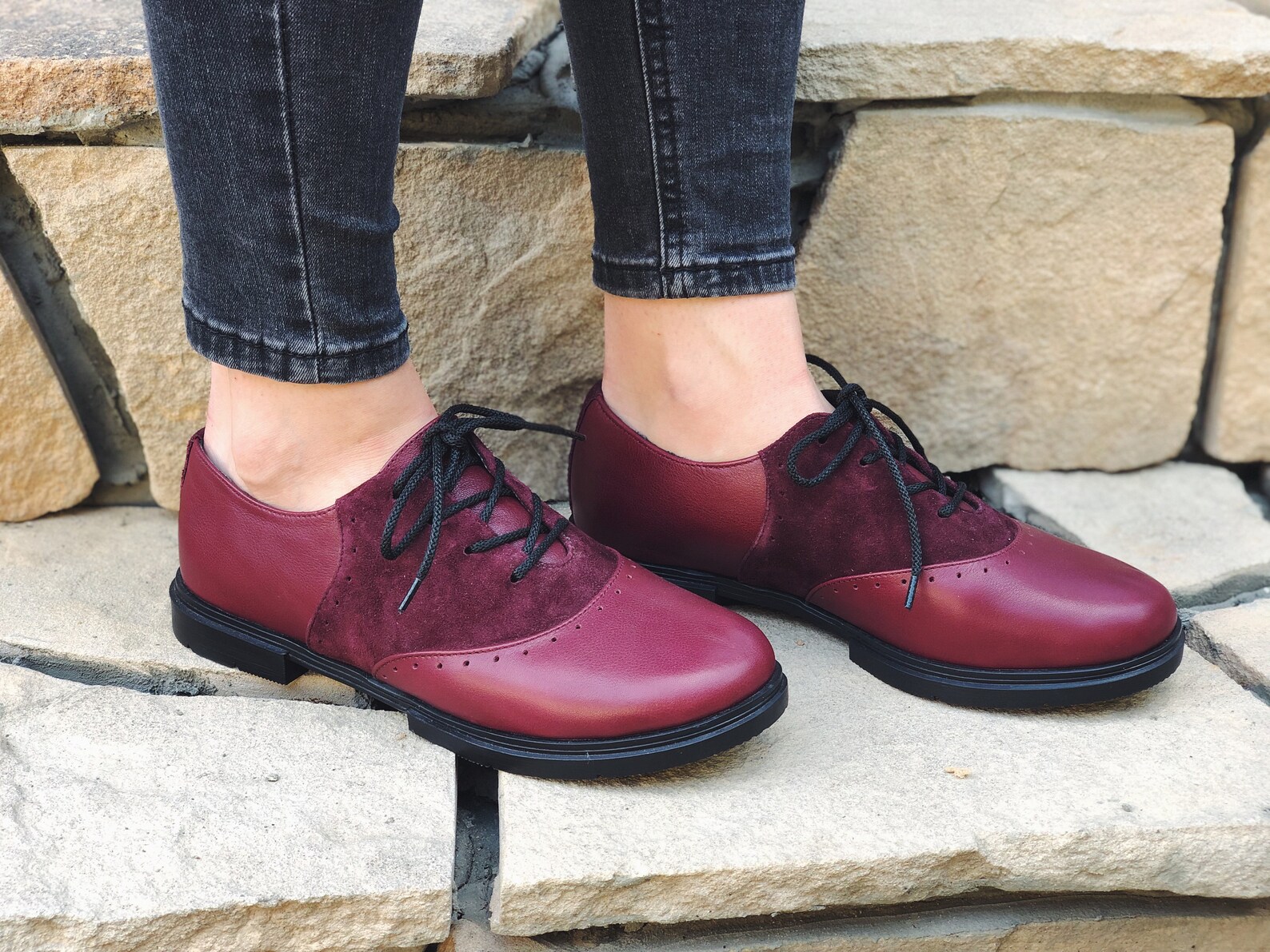 Wine Burgundy Leather Saddle Oxford Shoes Woman Lace Up Suede Etsy