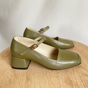 Handmade Olive Green Leather Mary Jane Heels: Vintage Inspired Square Toe