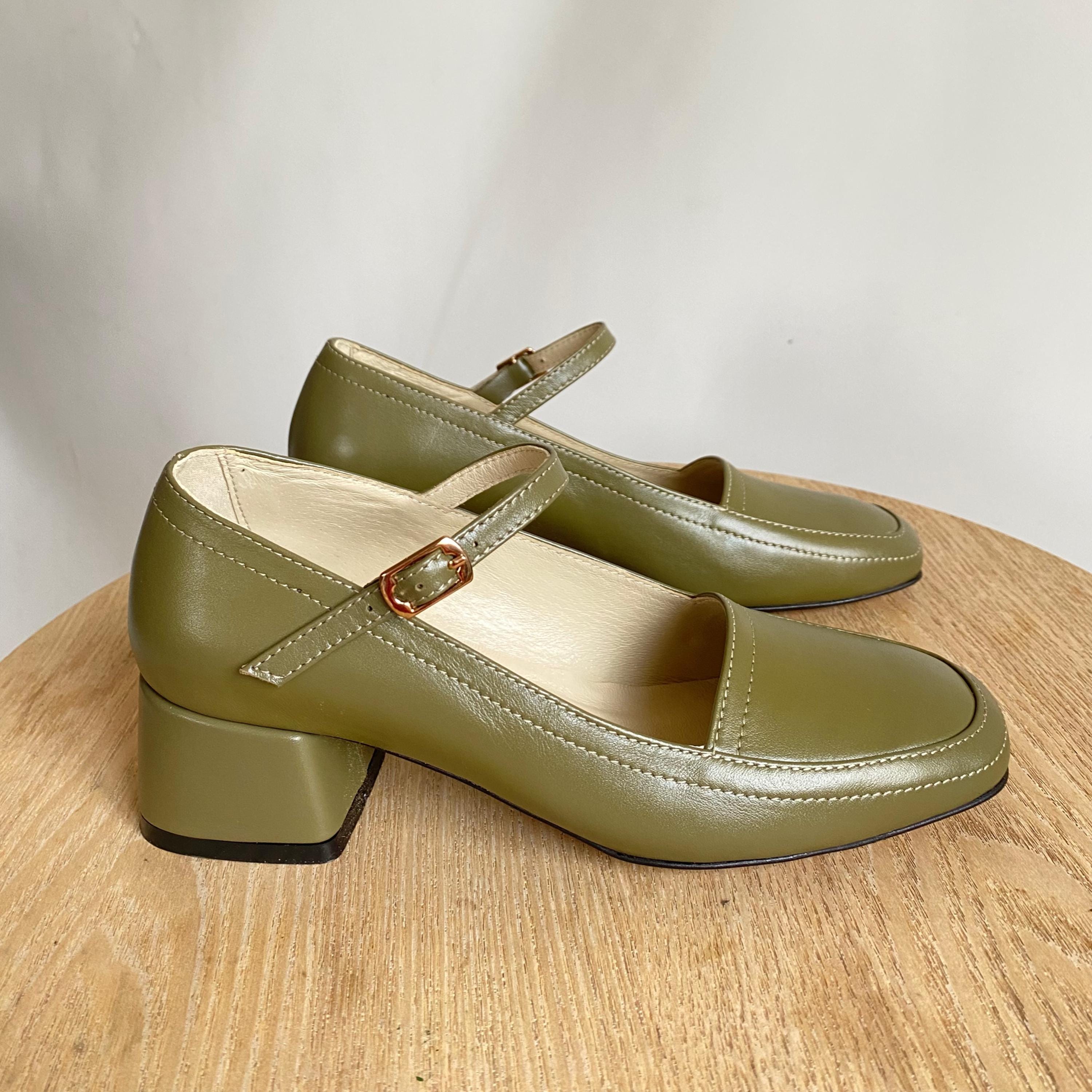 Olive Green Leather Mary Jane Heels – Handmade Block Heel Strap