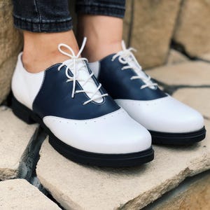 womens navy blue and white dress shoes KESCO WOMEN'S LEATHER SADDLE OXFORD- White & NAVY WHT/NAV / 9.5 / AA