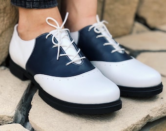 Handmade Leather Saddle Shoes – Navy and White Oxford Flats