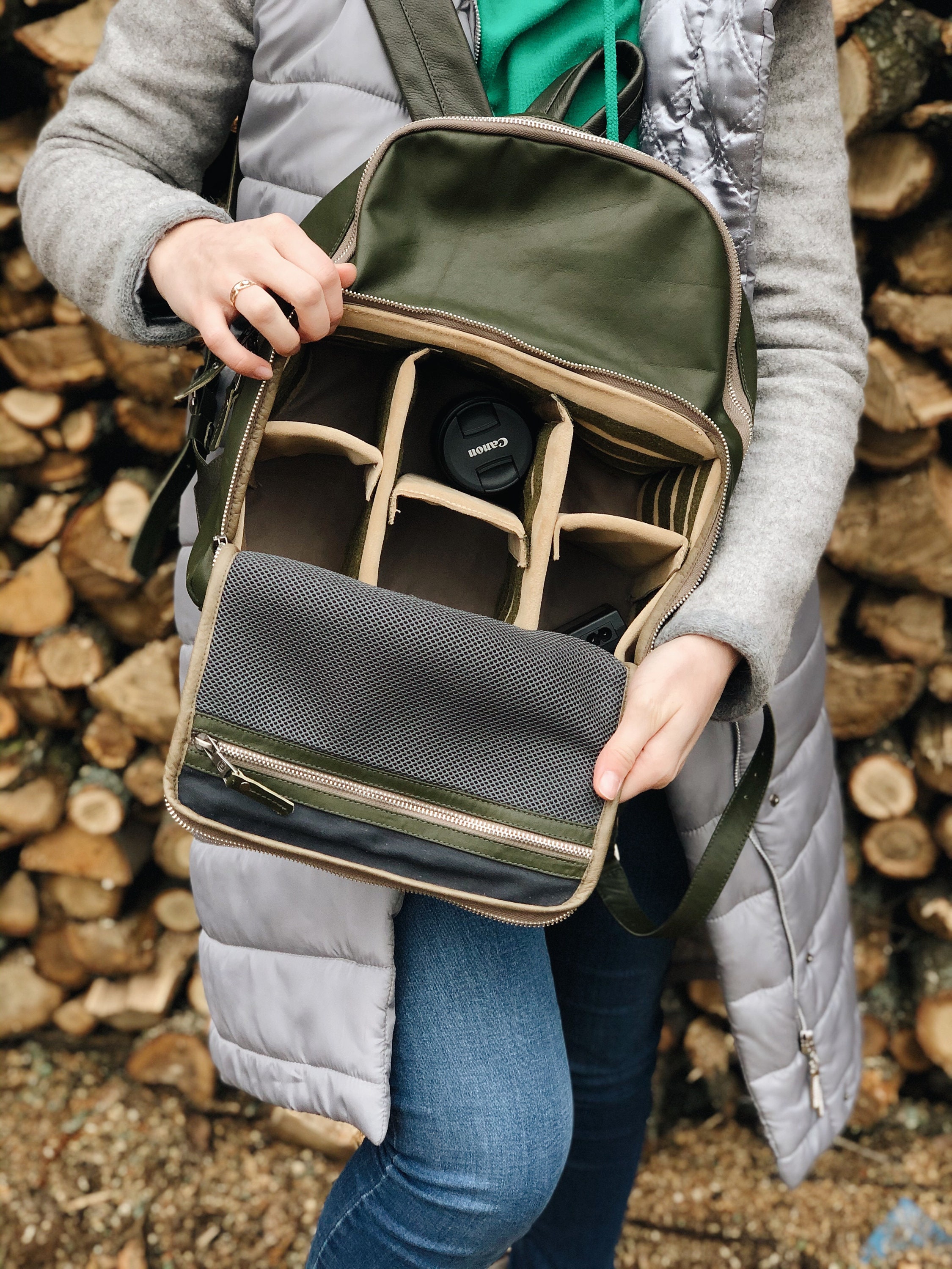 Leather Backpack Camera Green Womens Backpack Custom Etsy