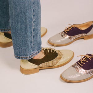 Gold and Brown Oxford Shoes – Mixed Leather & Suede Women’s Oxfords – Handmade Brogues with Printed Detail – Unique Vintage Inspired Flats
