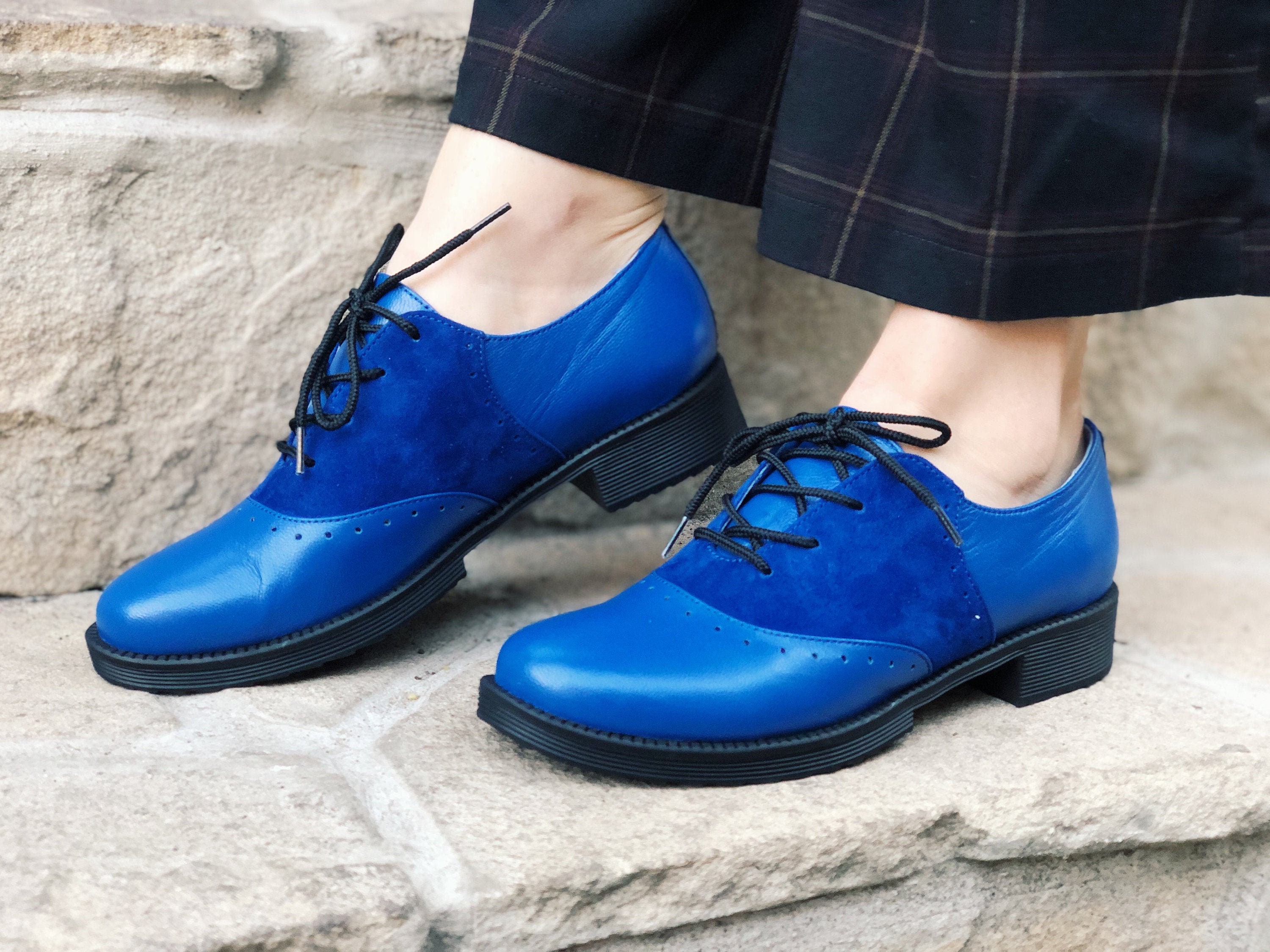 Saddle Oxford Shoes Woman Navy Blue Leather Low Heels Lace Up | Etsy
