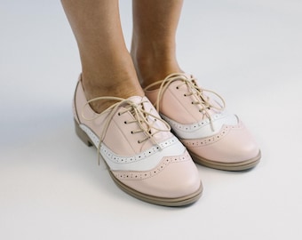 Blush Spectator Oxfords, Wingtip Leather Derby Shoes, Handmade Women's Oxfords
