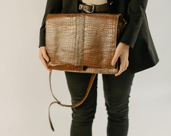 Brown Croc Leather Messenger Bag, Handmade Crossbody Laptop Satchel