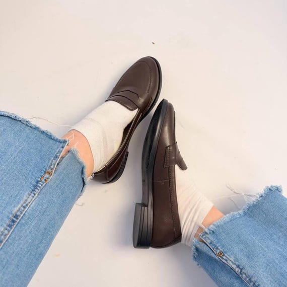 Brown Leather Penny Loafers, Handmade Chocolate Brown Flat Shoes Classic Style