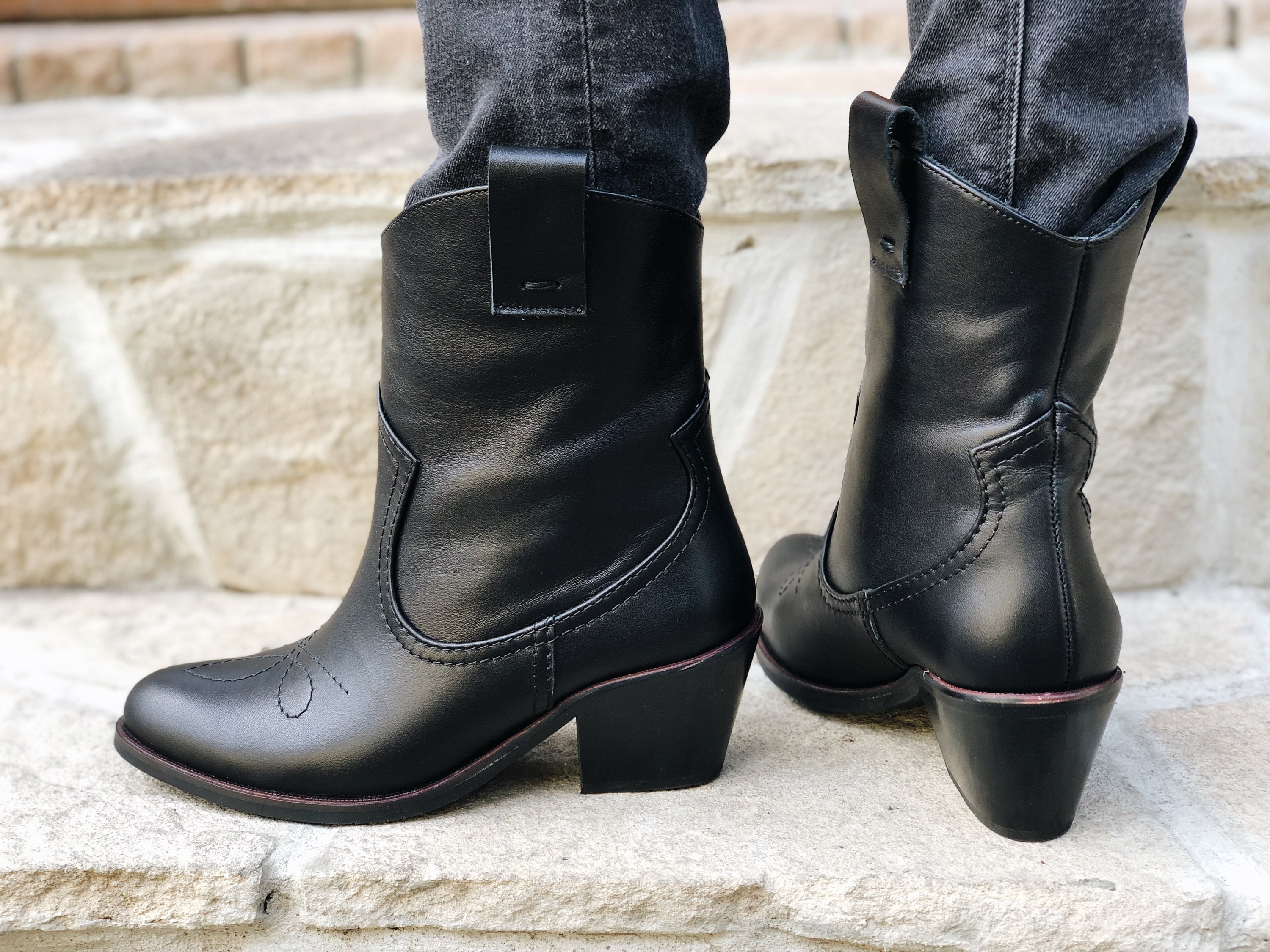 Cowboy Boots Women Black Leather Chunky Heels Pointed Toe Etsy