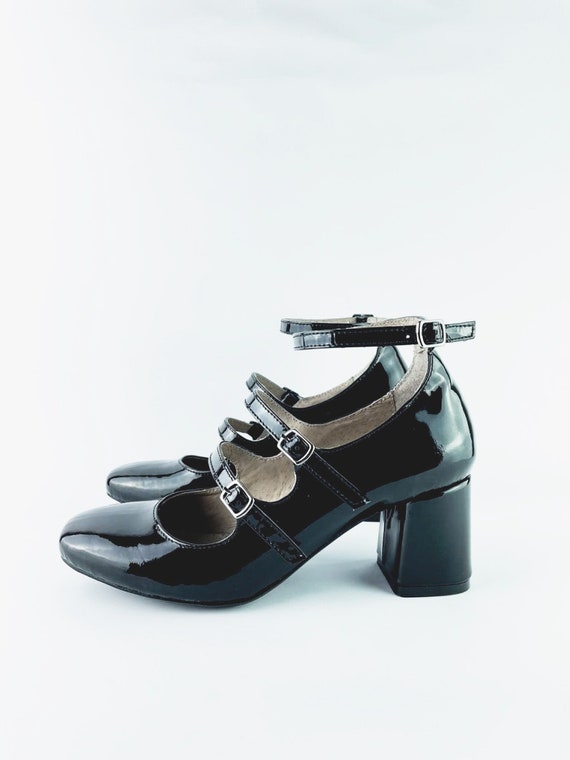 Mary Jane Heeled Pumps for Women Black Patent Ankle Strap - Etsy