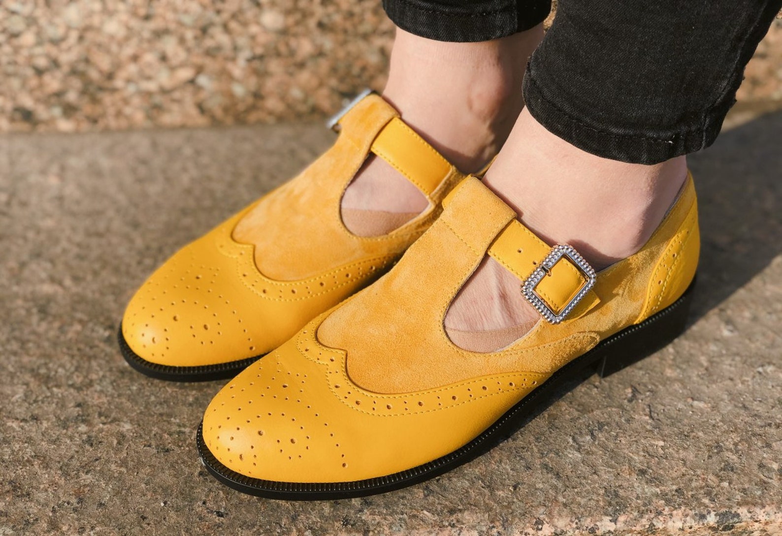 Mary Jane Shoes Women Mustard Yellow Leather Low Heels Ankle Etsy