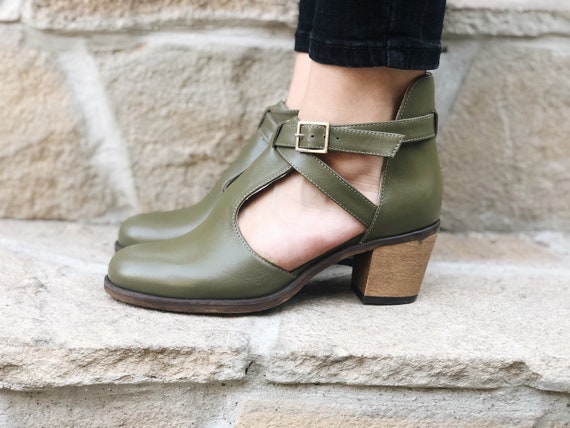 olive green block heel sandals