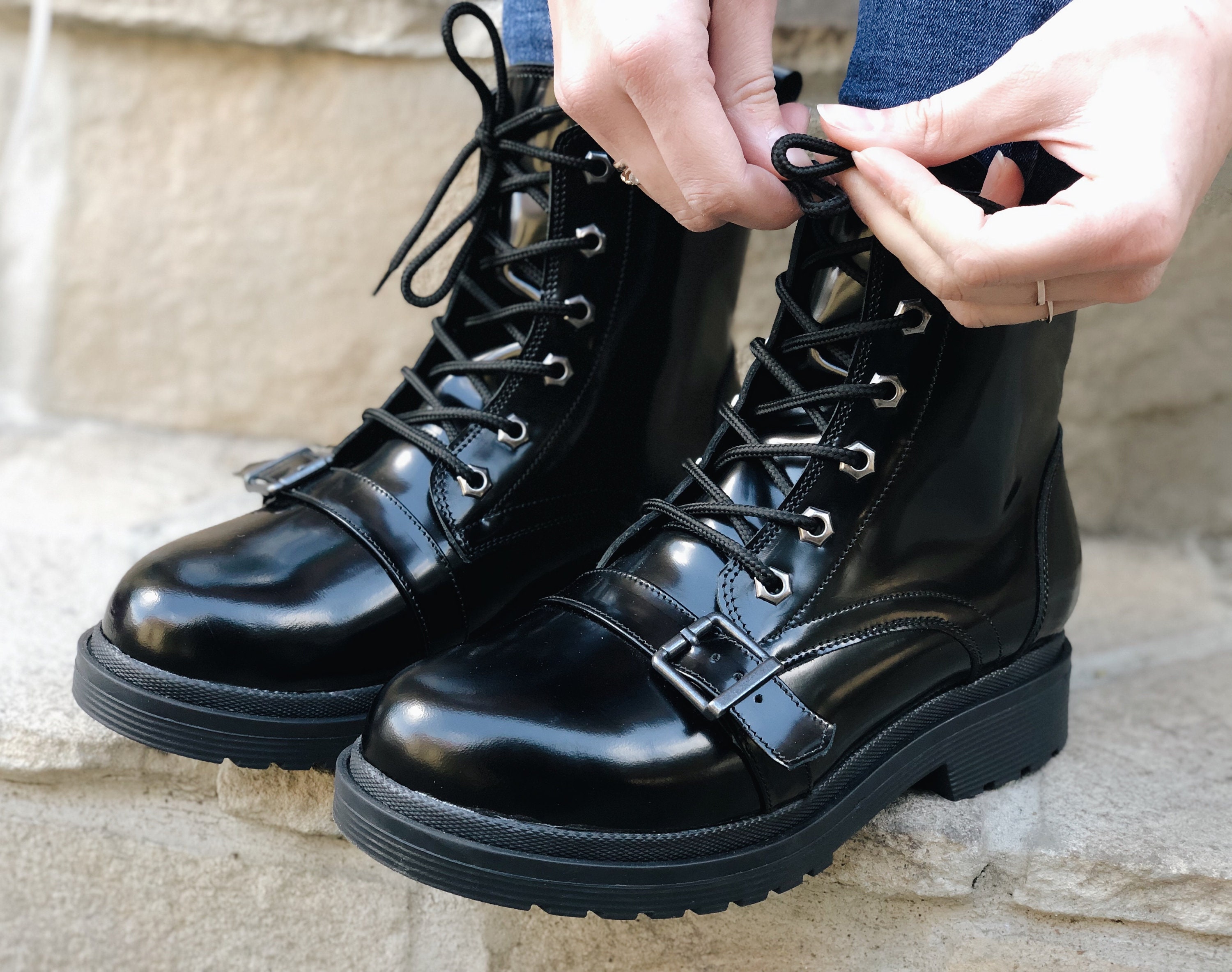 Woman Combat Boots Black Patent Leather Ankle Boots Military Etsy
