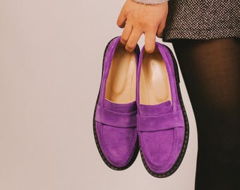 Purple Suede Loafers Women, Chunky Sole Slip On Shoes with Round Toe
