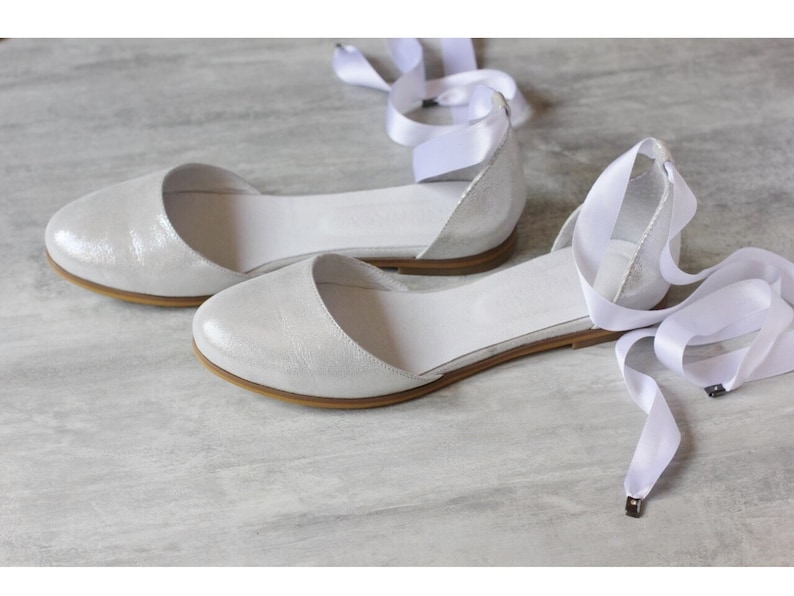 Vintage Wedding Shoes, Flats, Boots, Heels Wedding Ballet Flats White Satin Ribbons Round Toe Flats Silver Leather For Bridals Bridesmaid Comfortable Shoes Custom Leather Gift Her $110.00 AT vintagedancer.com