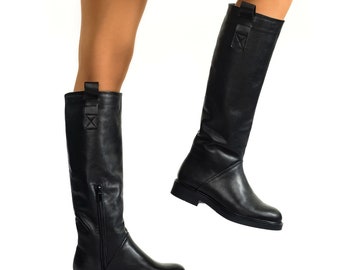 Black Leather Knee High Boots, Minimalist Women’s Riding Boots Low Heel