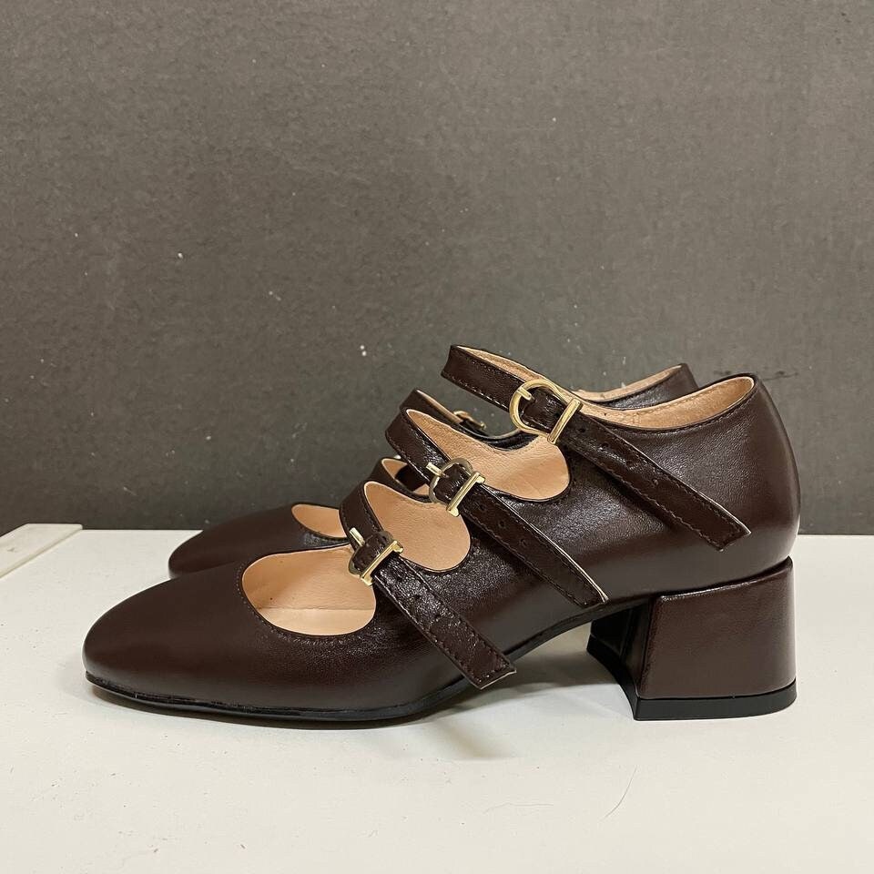 Brown Leather Mary Jane Heels – Triple Strap Handmade Shoes for Women – Custom Fit Vintage Style Block Heel Pumps