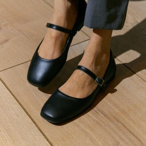 Black Leather Mary Jane Flats: Handmade Square Toe Comfortable Shoes