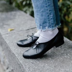 Black Leather Lace-Up Ballet Flats | Handmade Vintage Style Tie Shoes for Women | Comfortable Minimalist Leather Shoes by LeatherByHannaKo