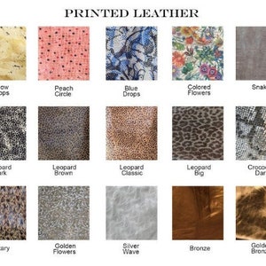 May include: Image showcasing various printed leather textures. The samples include patterns like "Yellow Drops," "Peach Circle," "Blue Drops," and "Colored Flowers." Other designs feature animal prints such as leopard and snake, along with metallic and floral patterns.