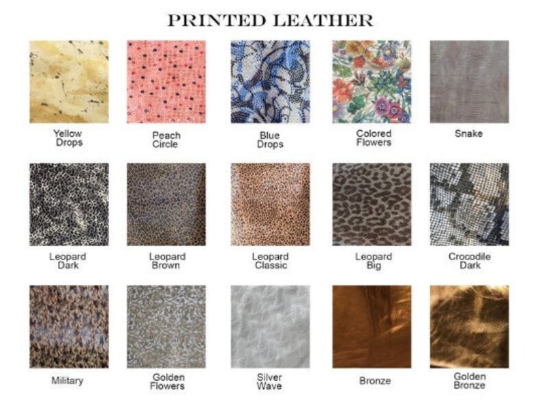 May include: Image showcasing various printed leather textures. The samples include patterns like "Yellow Drops," "Peach Circle," "Blue Drops," and "Colored Flowers." Other designs feature animal prints such as leopard and snake, along with metallic and floral patterns.