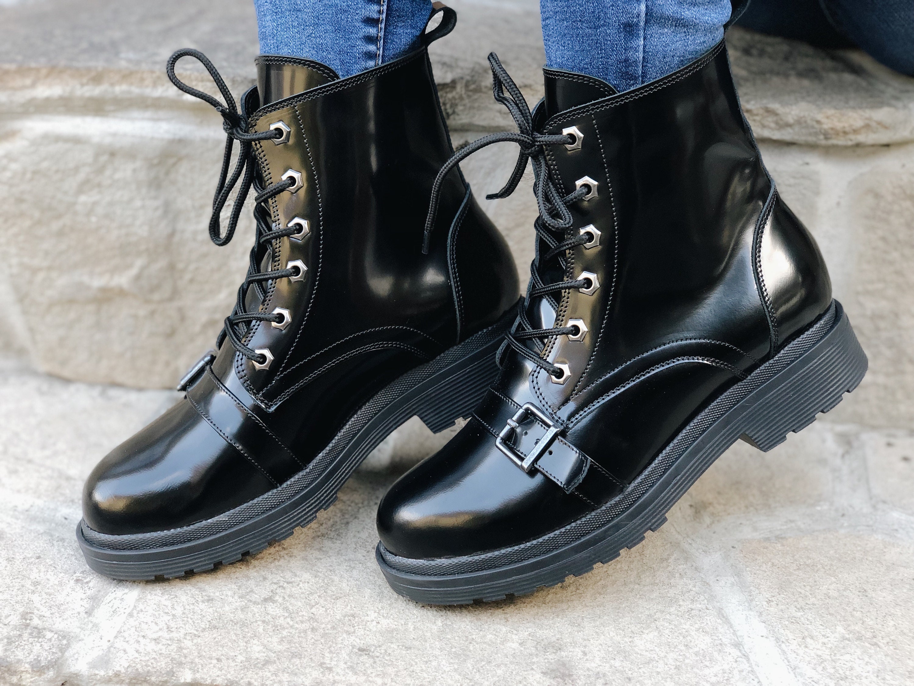 Woman Combat Boots Black Patent Leather Ankle Boots Military Etsy