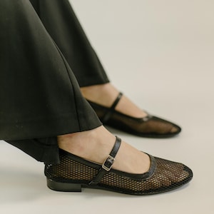 Black Mesh Mary Jane Flats – Handmade Breathable Ballet Shoes with Leather Strap, Trendy Transparent Flats for Women